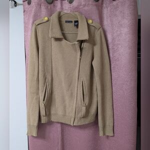 Moda International Tan Heavyweight Knit Sweater Jacket with Gold Buttons Pockets